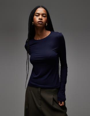 Asos Design Semi Sheer Long Sleeve Second Skin Top In Blue