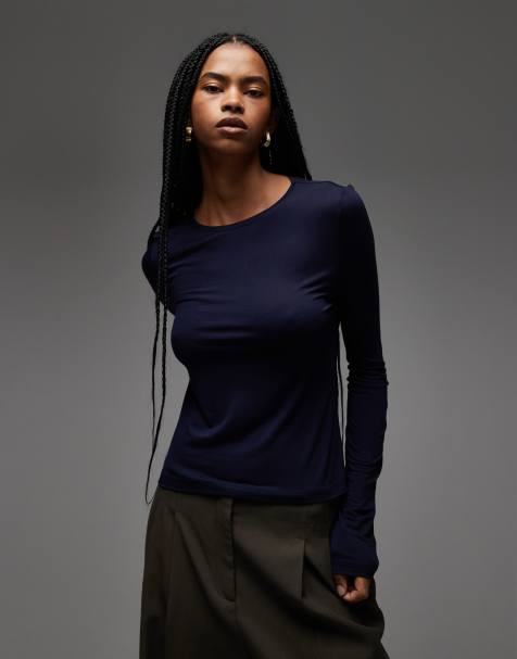 ASOS DESIGN semi sheer long sleeve second skin top in navy
