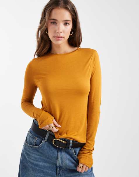 ASOS DESIGN semi sheer long sleeve second skin top in ochre