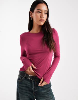 Asos Design Semi Sheer Long Sleeve Second Skin Top In Pink