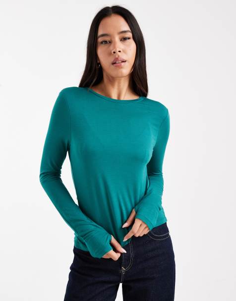 ASOS DESIGN semi sheer long sleeve second skin top in turquoise - view 1