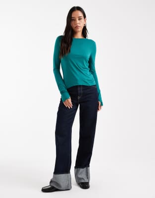 Asos Design Semi Sheer Long Sleeve Second Skin Top In Blue