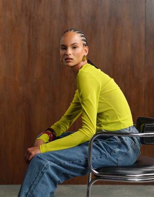 ASOS DESIGN semi sheer long sleeve top in apple green