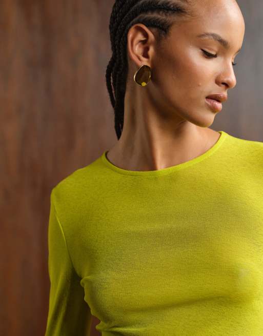 ASOS DESIGN semi sheer long sleeve top in apple green