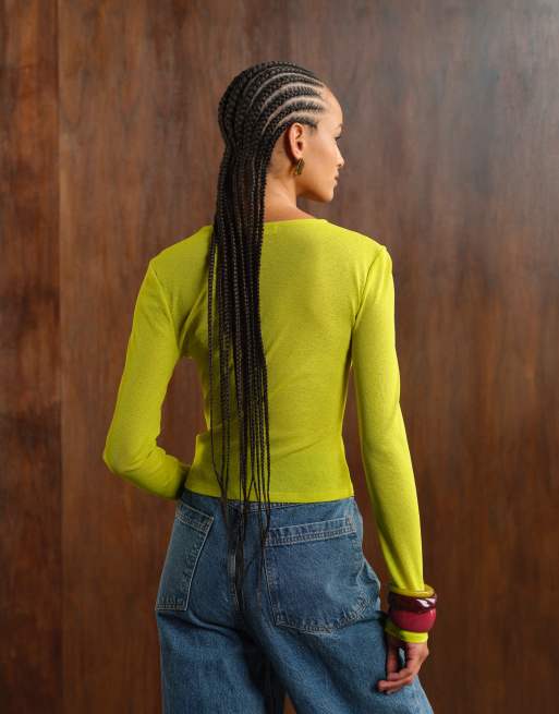 ASOS DESIGN semi sheer long sleeve top in apple green