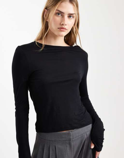 ASOS DESIGN semi sheer long sleeve top in black
