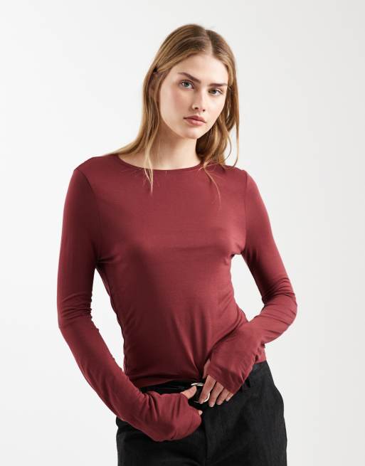 ASOS DESIGN semi sheer long sleeve top in chocolate