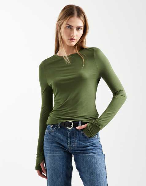 ASOS DESIGN semi sheer long sleeve top in dark olive - view 1