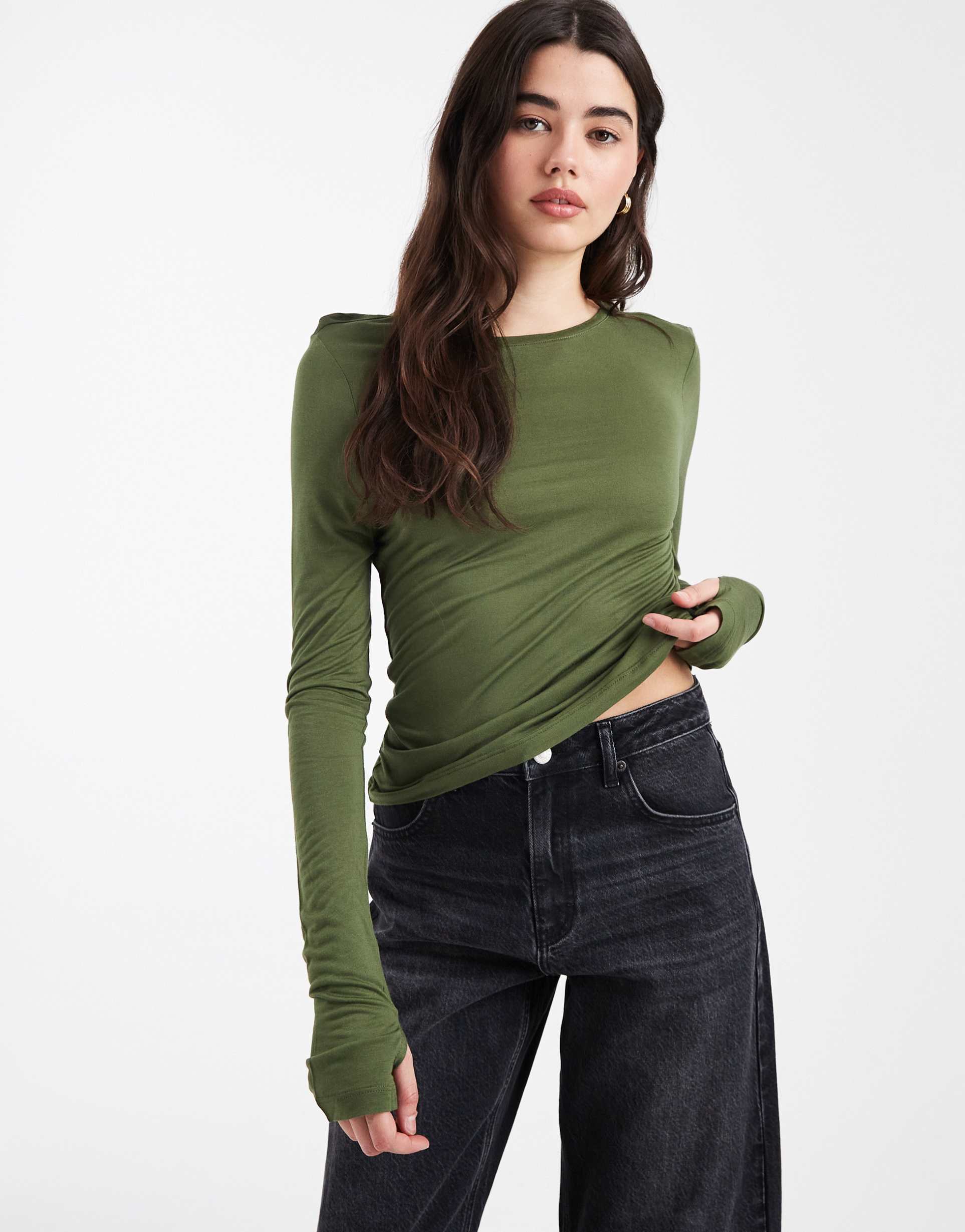 asos design semi sheer long sleeve top in dark olive