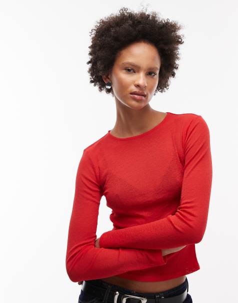 ASOS DESIGN semi sheer long sleeve top in red - view 1