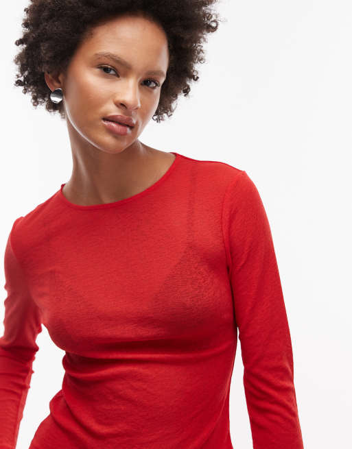 ASOS DESIGN semi sheer long sleeve top in red