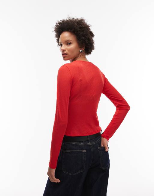 ASOS DESIGN semi sheer long sleeve top in red