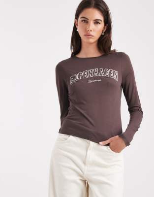 Asos Design Semi Sheer Long Sleeve Top With Copenhagen Graphic In Brown