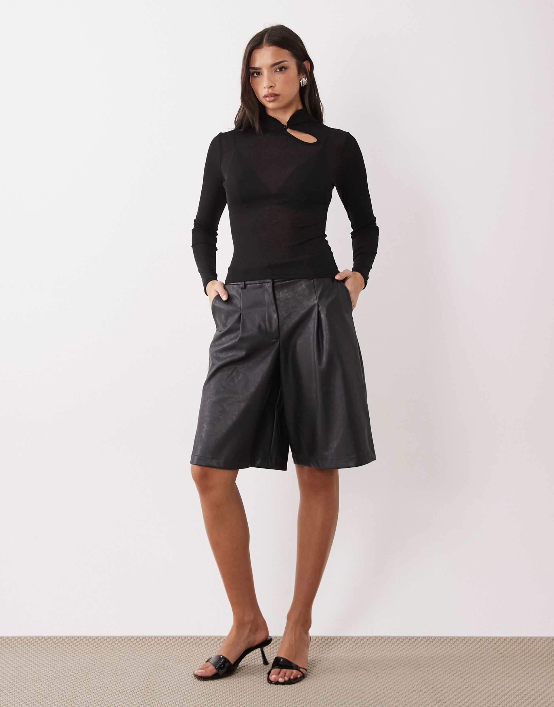 asos design semi sheer long sleeve top with cut out in black
