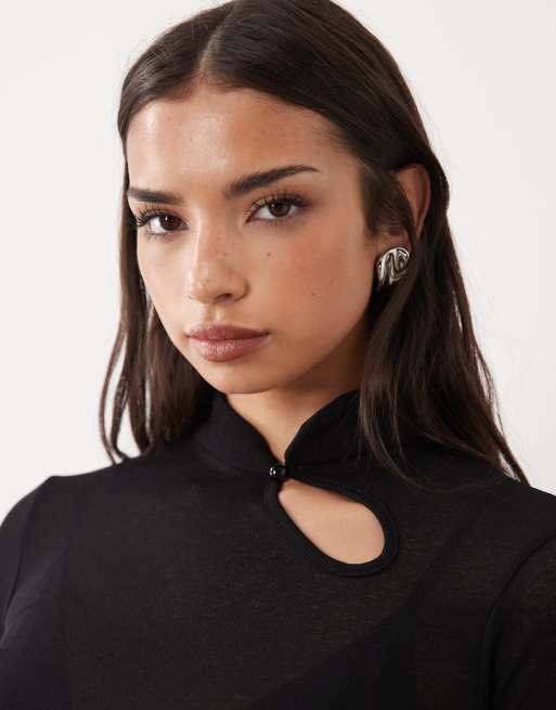 ASOS DESIGN semi sheer long sleeve top with cut out in black, 3 of 4