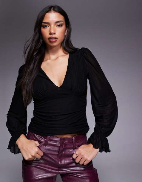 ASOS DESIGN semi sheer long sleeve v-neck top in black - view 1
