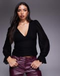 [ASOS DESIGN] ASOS DESIGN semi sheer long sleeve v-neck top in black S Black