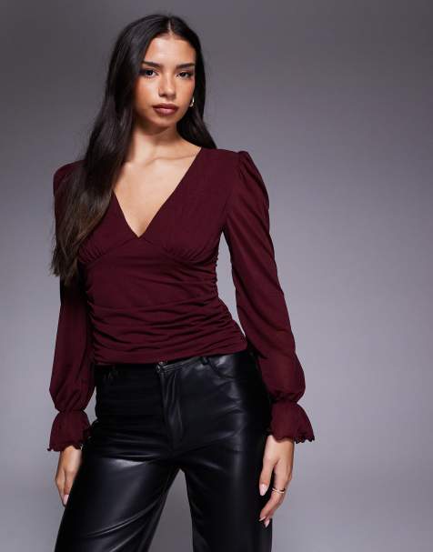 ASOS DESIGN semi sheer long sleeve v-neck top in burgundy - view 1