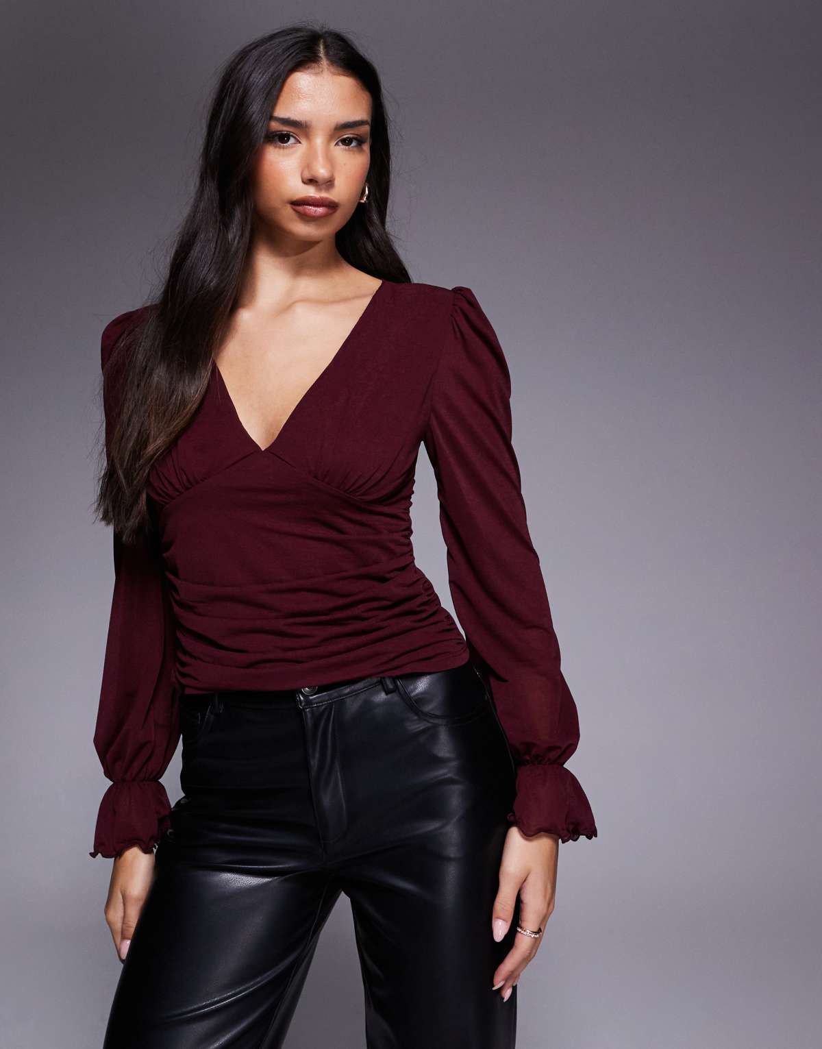 ASOS DESIGN semi sheer long sleeve v-neck top in burgundy