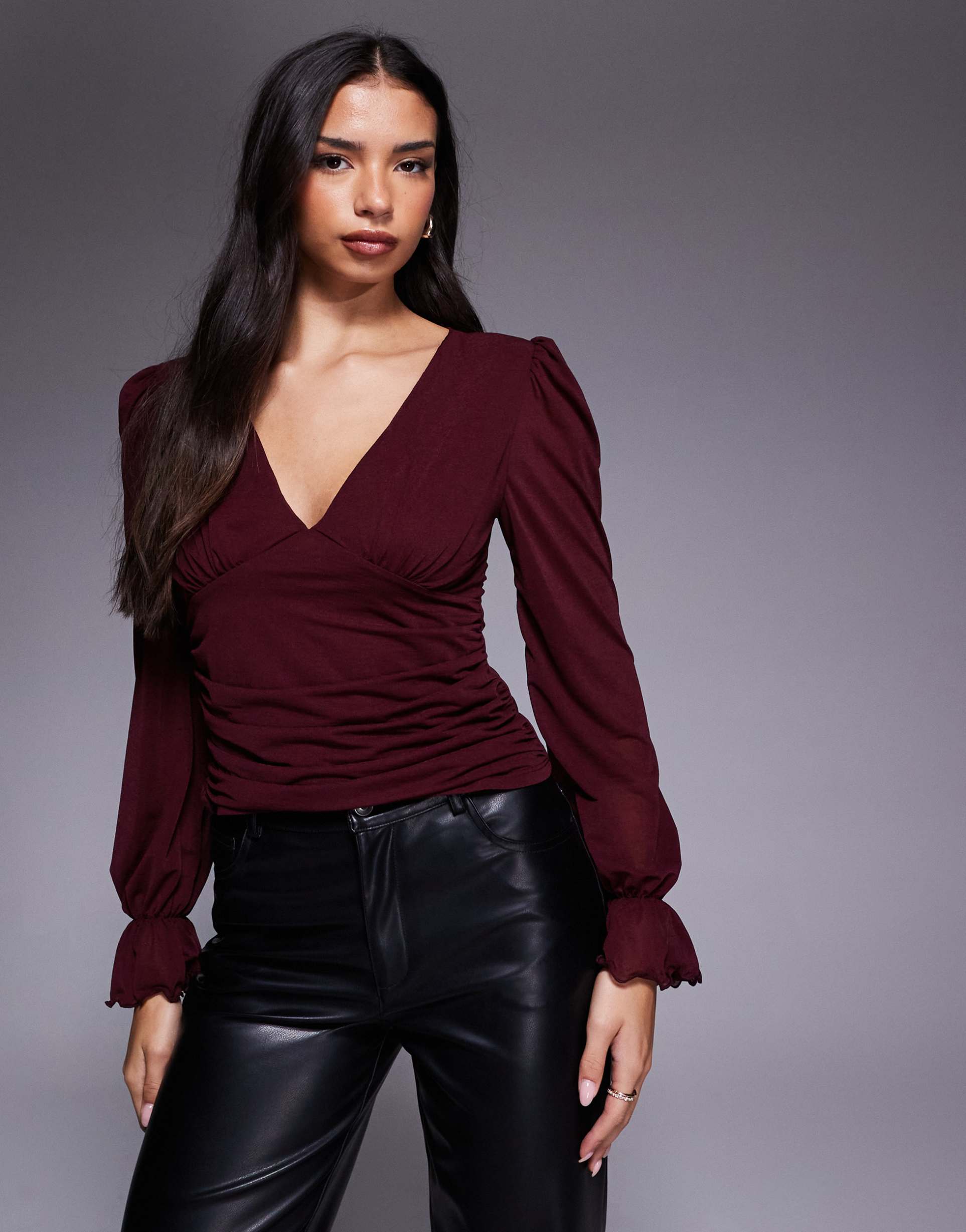 asos design semi sheer long sleeve v-neck top in burgundy