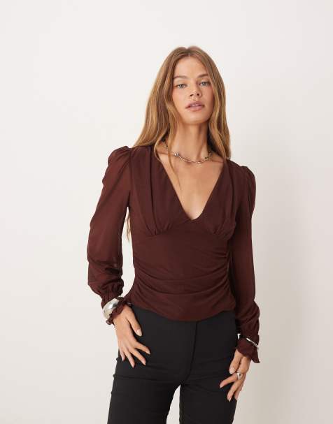 ASOS DESIGN semi sheer long sleeve V-neck top in chocolate - view 1
