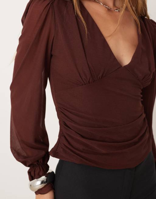 ASOS DESIGN semi sheer long sleeve v-neck top in chocolate, 4 of 4