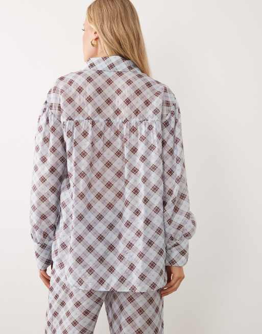 ASOS DESIGN semi sheer longline shirt in blue check, 4 of 4