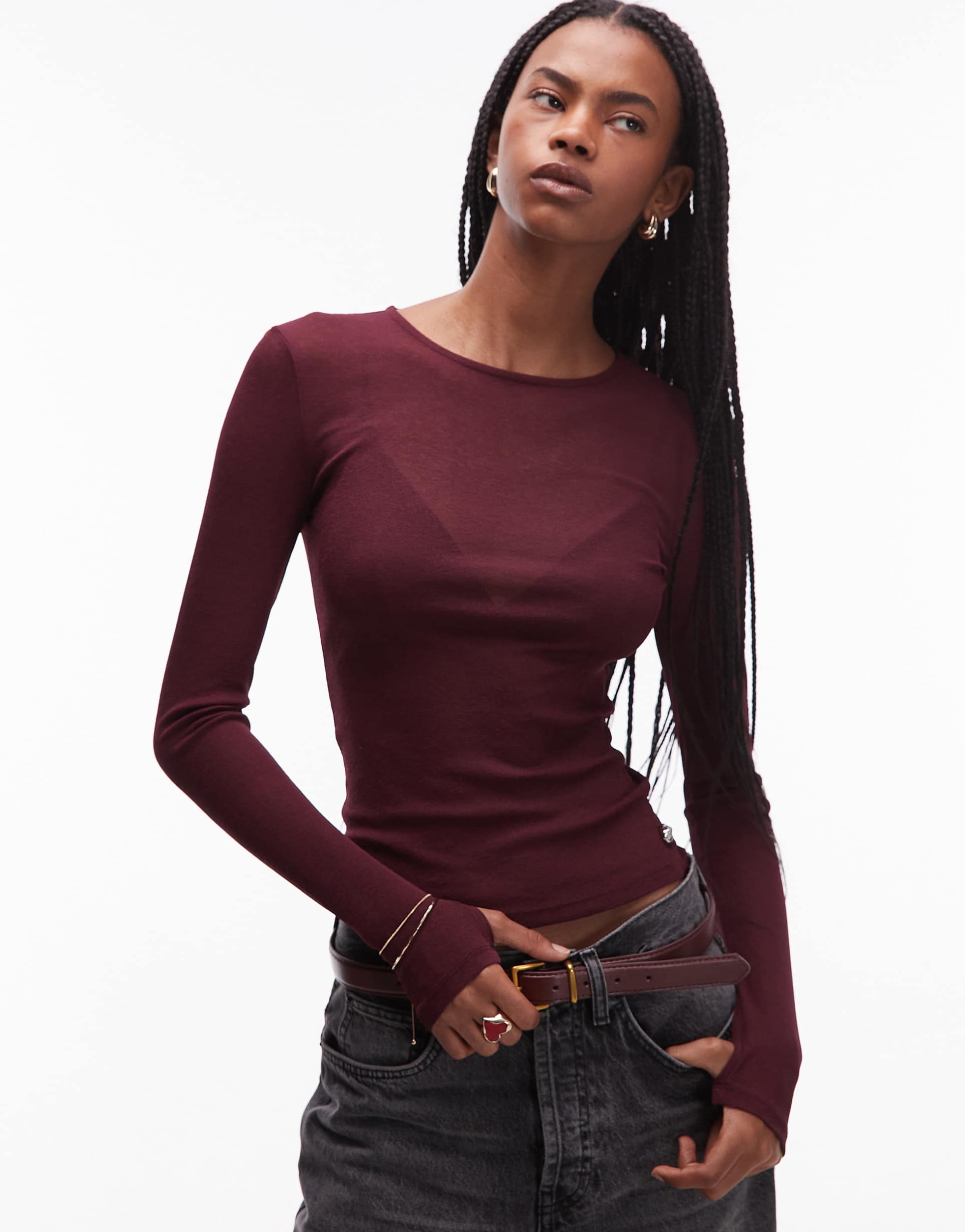 asos design semi-sheer longline top in berry