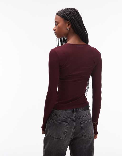 ASOS DESIGN semi sheer longline top in berry, 4 of 4