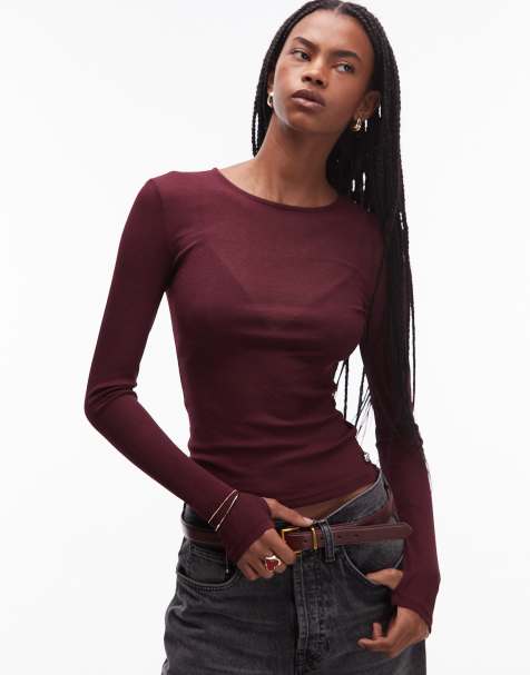 ASOS DESIGN semi sheer longline top in berry