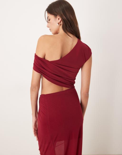 ASOS DESIGN semi sheer mesh asymmetric drape top in red (part of a set), 4 of 4