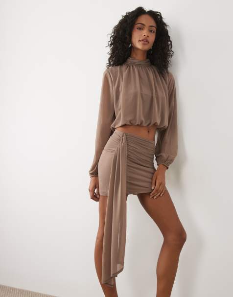 ASOS DESIGN semi sheer mesh co-ord in mocha - view 1