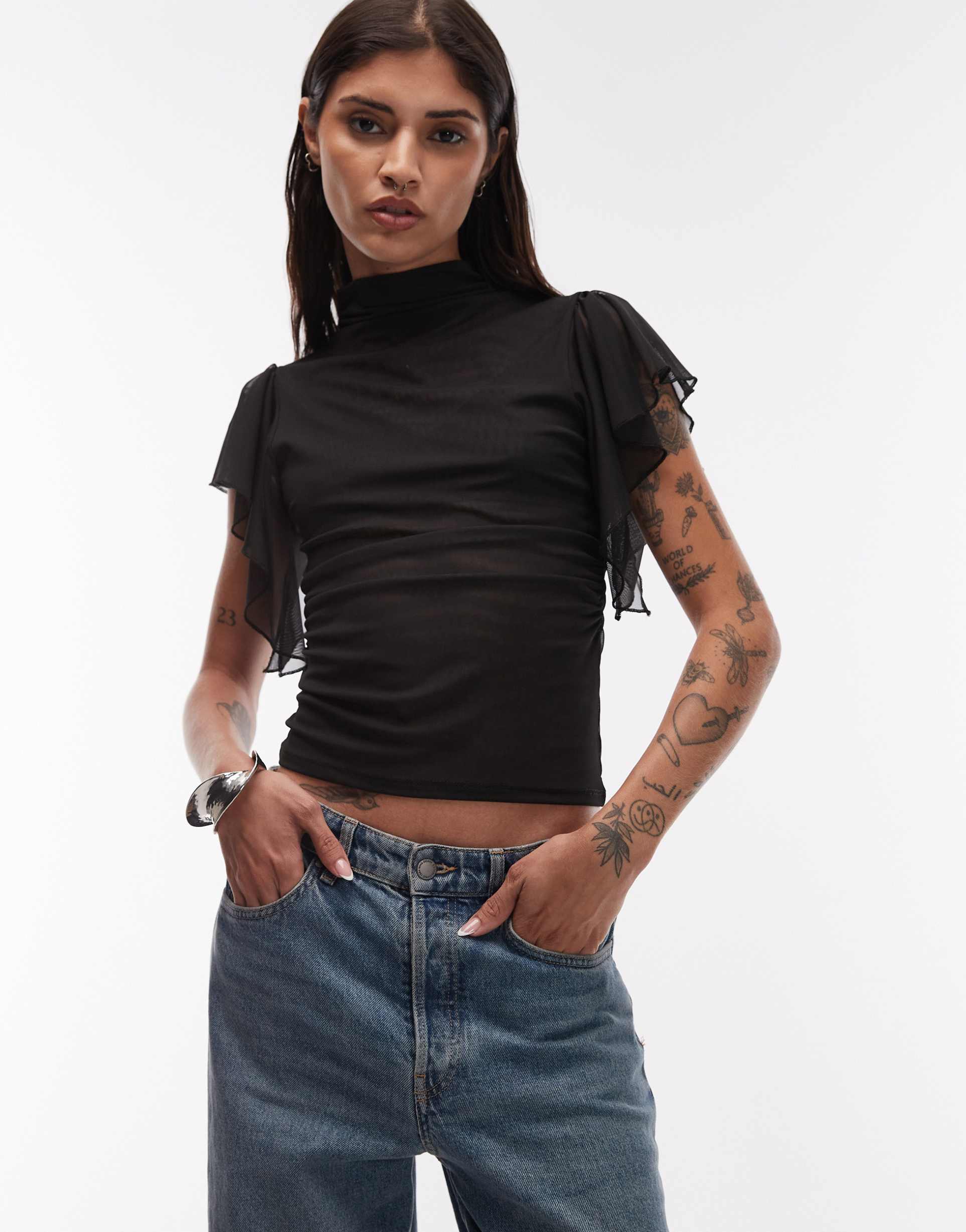 asos design semi sheer mesh flutter sleeve high neck top in black