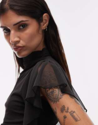 Asos Design Semi Sheer Mesh Flutter Sleeve High Neck Top In Black