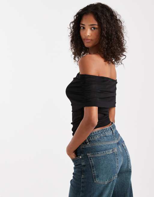 ASOS DESIGN mesh fold over ruched off the shoulder top in black