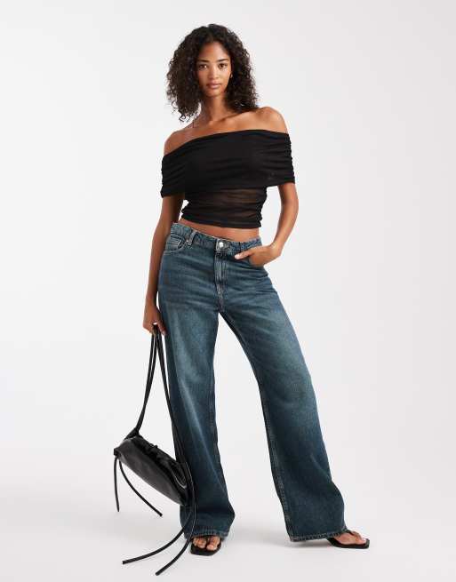 ASOS DESIGN semi sheer mesh fold over ruched off shoulder top in black, 3 of 4