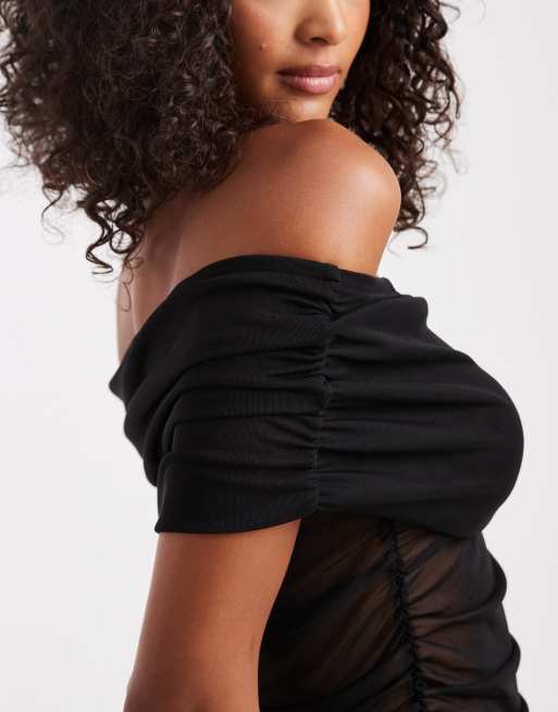 ASOS DESIGN mesh fold over ruched off the shoulder top in black