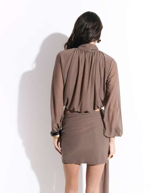 ASOS DESIGN semi sheer mesh high neck long sleeve top with bubble hem in mocha - part of a set, 4 of 4