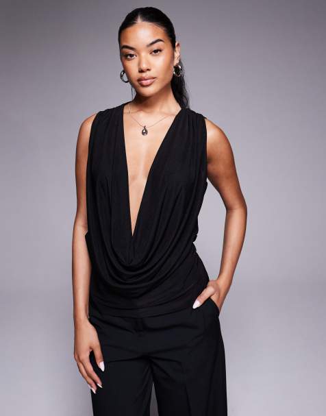 ASOS DESIGN semi sheer mesh mix plunge drape long line top in black - view 1