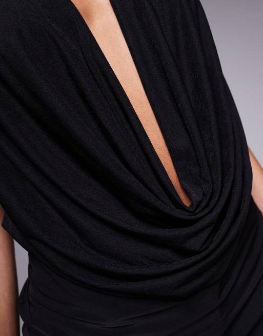 ASOS DESIGN semi sheer mesh mix plunge drape long line top in black, 4 of 4