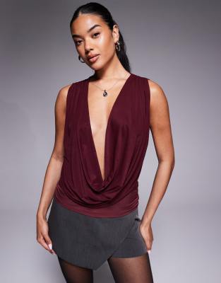 Asos Design Semi Sheer Mesh Mix Plunge Drape Long Line Top In Burgundy