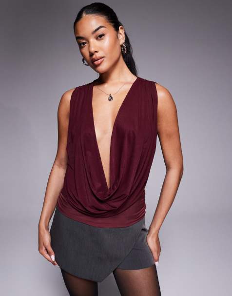 ASOS DESIGN semi sheer mesh mix plunge drape long line top in burgundy - view 1