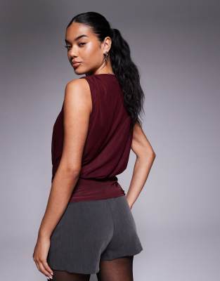 Asos Design Semi Sheer Mesh Mix Plunge Drape Long Line Top In Burgundy