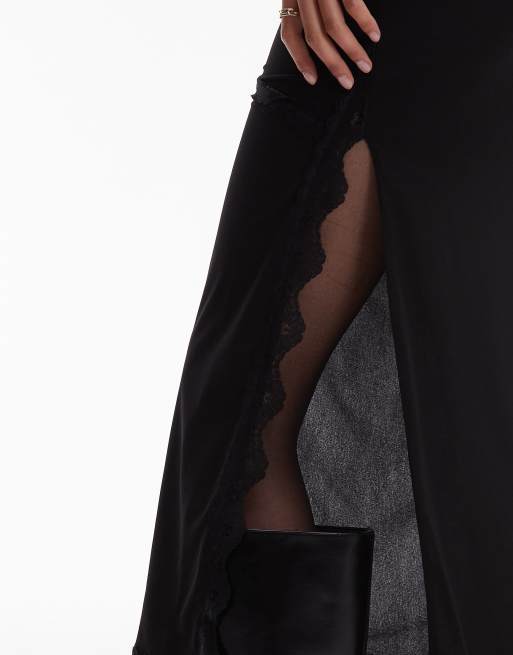 ASOS DESIGN semi sheer mesh slip skirt with lace trim detail in black