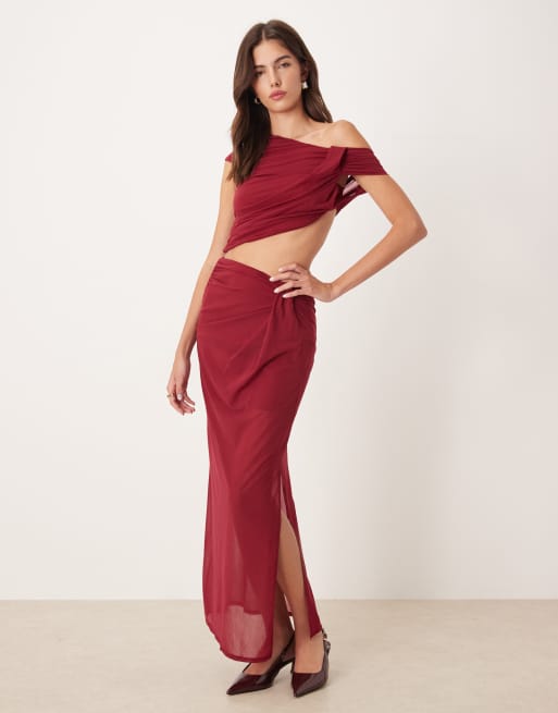 ASOS DESIGN semi sheer mesh twist detail maxi skirt in red, 2 of 5