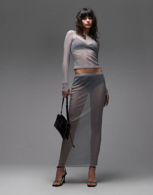 ASOS DESIGN semi sheer metallic knit crop top in silver (part of a set), 2 of 4