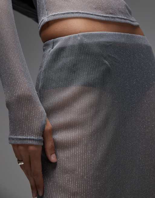 ASOS DESIGN semi sheer metallic knit maxi skirt in silver (part of a set), 2 of 5