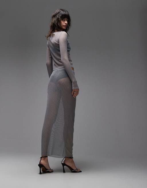 ASOS DESIGN semi sheer metallic knit maxi skirt in silver (part of a set), 3 of 5