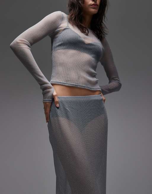 ASOS DESIGN semi sheer metallic knit maxi skirt in silver (part of a set), 4 of 5