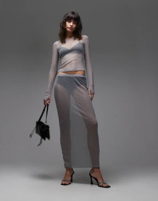 ASOS DESIGN semi sheer metallic knit maxi skirt in silver (part of a set), 5 of 5